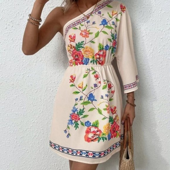. Dresses & Skirts - Boho Floral One Shoulder Mini Dress